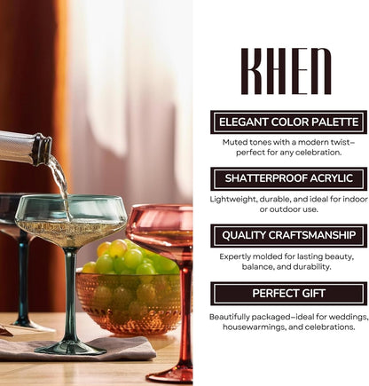 Khen Colored Acrylic Coupe Glasses – Set of 4 Stemmed 8 oz
