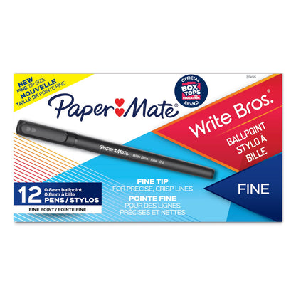 Paper Mate Write Bros. Ballpoint Pen, Stick, Fine 0.8 mm, Black Ink, Black Barrel, Dozen