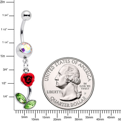 Green Aurora Gem Red Rose Valentines Day Dangle Belly Ring
