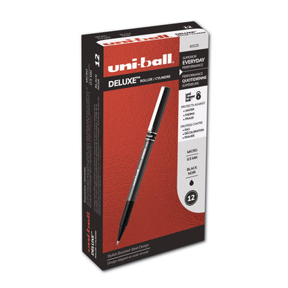 uniball Deluxe Roller Ball Pen, Stick, Micro 0.5 mm, Black Ink, Metallic Gray Barrel, Dozen