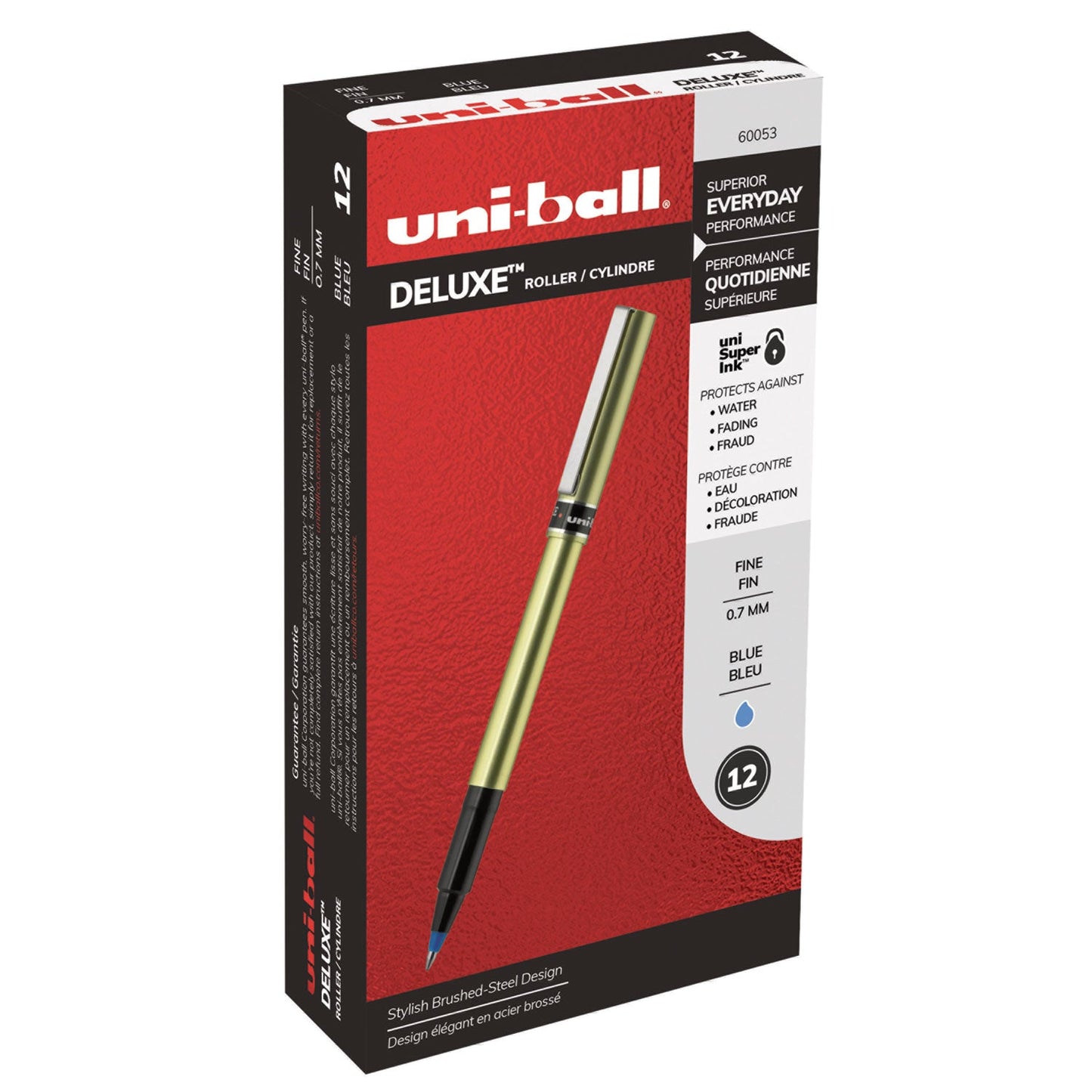 uniball Deluxe Roller Ball Pen, Stick, Fine 0.7 mm, Blue Ink, Champagne Barrel, Dozen