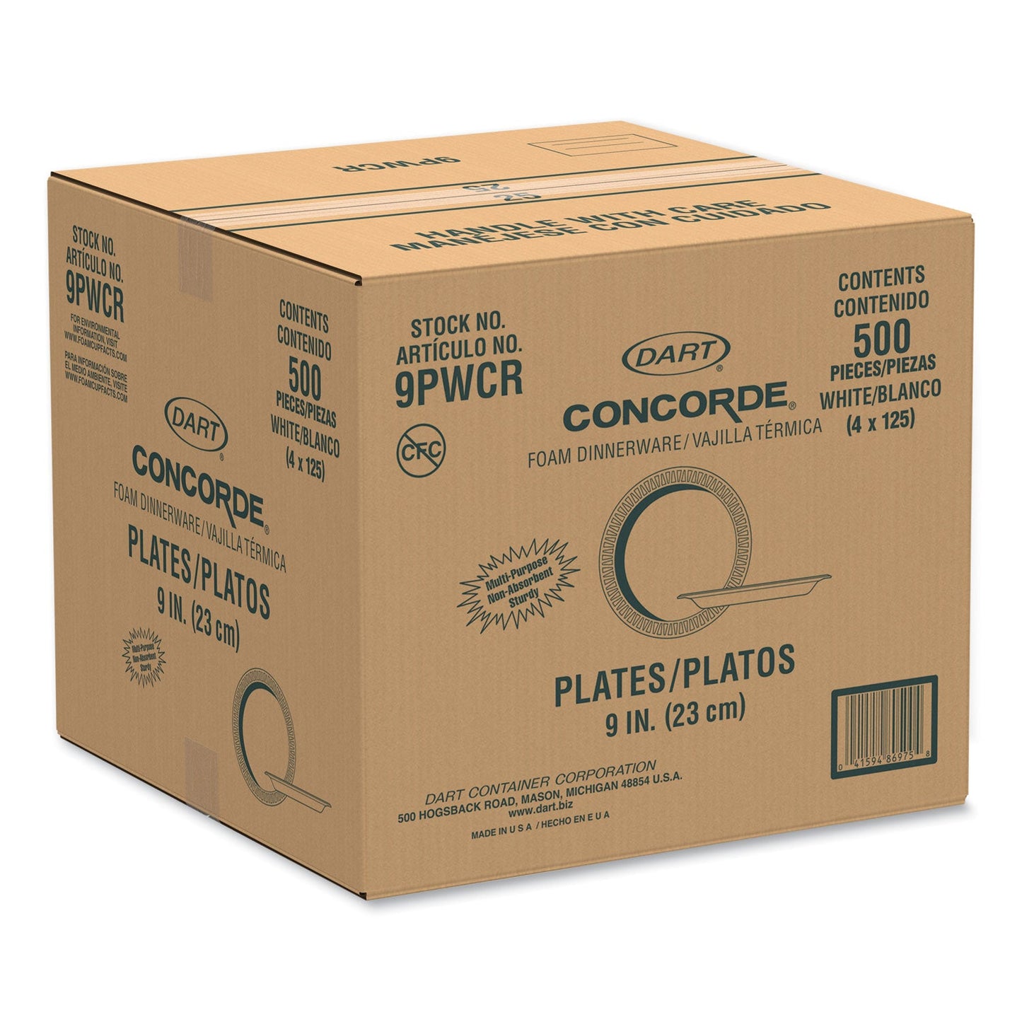 Dart Concorde Foam Plate, 9" dia, White, 125/Pack, 4 Packs/Carton