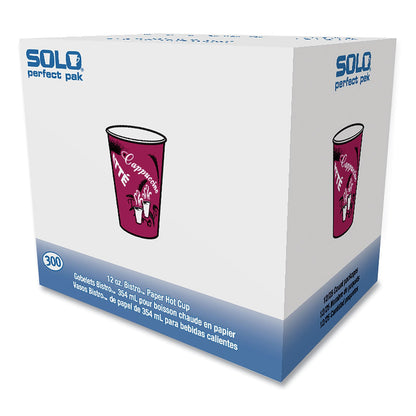 Dart Solo Paper Hot Drink Cups in Bistro Design, 12 oz, Maroon, 300/Carton