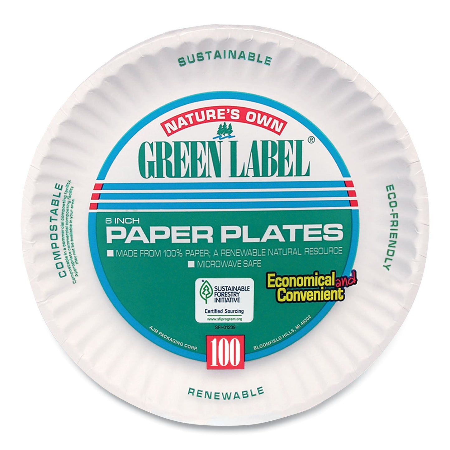 AJM Packaging Corporation White Paper Plates, 6" dia, 100/Pack, 10 Packs/Carton