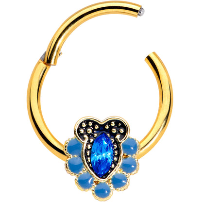 16G 3/8 Blue Gem Gold Tone Opulent Oval Hinged Segment Ring
