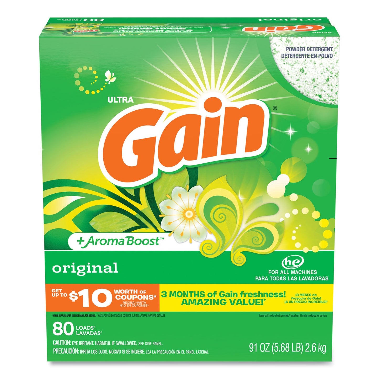 Gain Powder Laundry Detergent, Original Scent, 91 oz Box, 3/Carton