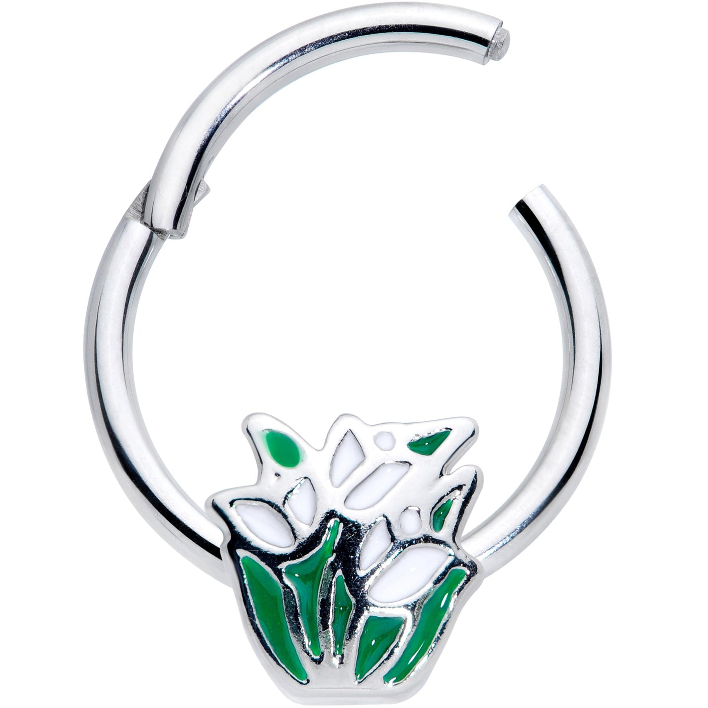 16G 3/8 Springtime White Tulip Flowers Hinged Segment Ring