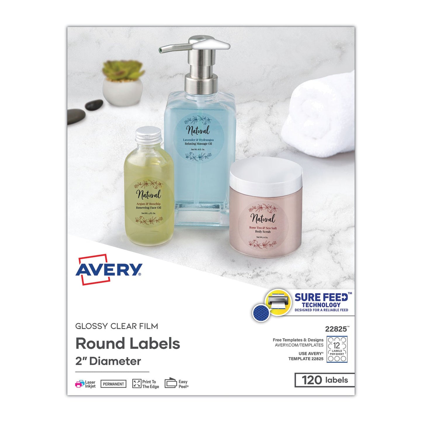 Avery Round Print-to-the Edge Labels with Sure Feed and Easy Peel, 2" dia, Glossy Clear, 120/PK