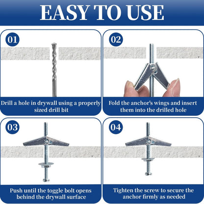 Heavy Duty Toggle Bolts and Wing Nut Kit 50 Sets- 1/8'', 3/16'', 1/4'' Drywall Anchors & Screws Assortment with Nuts & Washers for Wall Mounting & Hanging