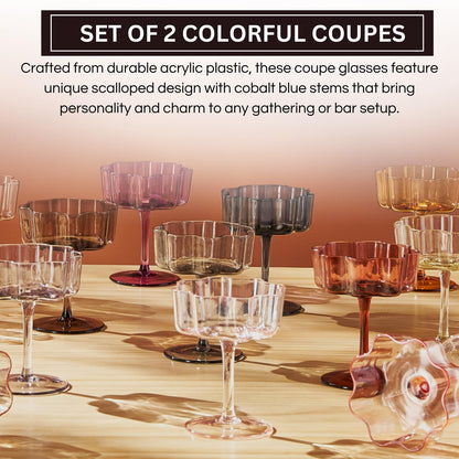 Flower Wave Coupe Cocktail Colored Glasses | Set of 2 | Cobalt Blue