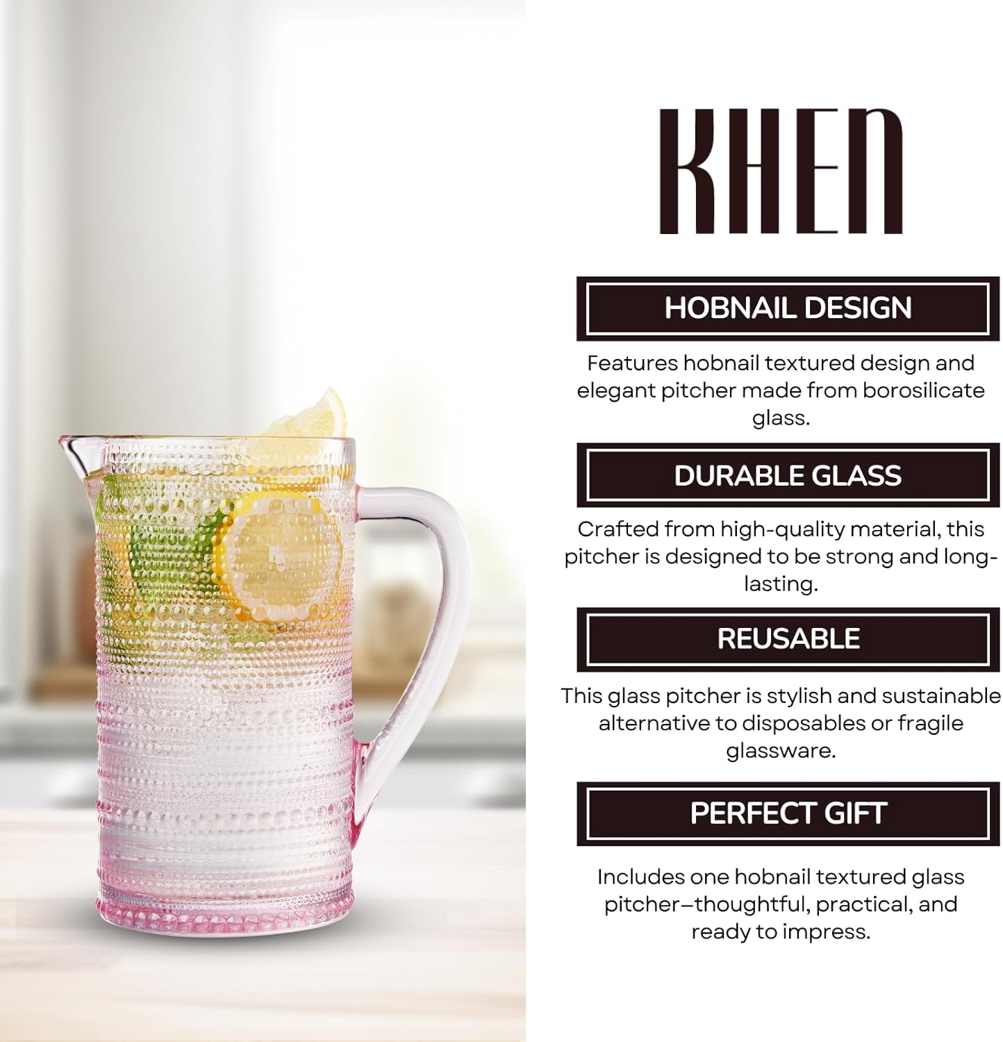 Khen Hobnail Pitcher, Vintage Style Textured Artisan Design - 7.8 Inch Pink