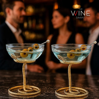 Snake Serpent Cocktail Glasses - 2 Set Gold Design Unique Reptile Inspired Barware