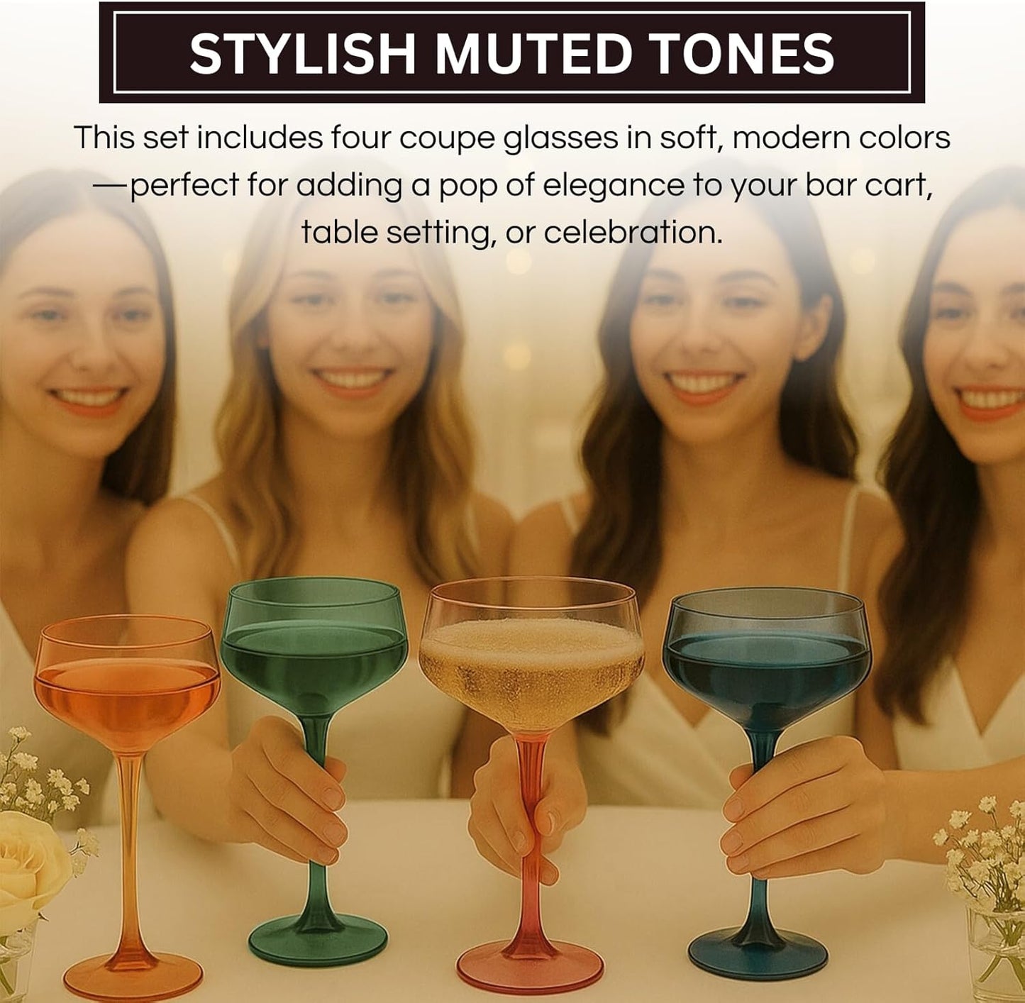 Khen Colored Acrylic Coupe Glasses – Set of 4 Stemmed 8 oz