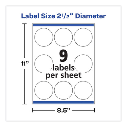 Avery Round Print-to-the Edge Labels with SureFeed, 2.5" dia, Glossy White, 90/PK
