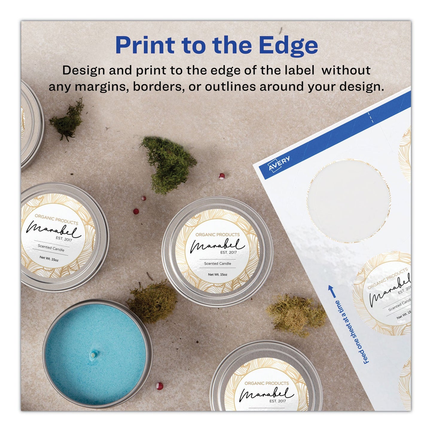 Avery Round Print-to-the Edge Labels with SureFeed, 2.5" dia, Glossy White, 90/PK