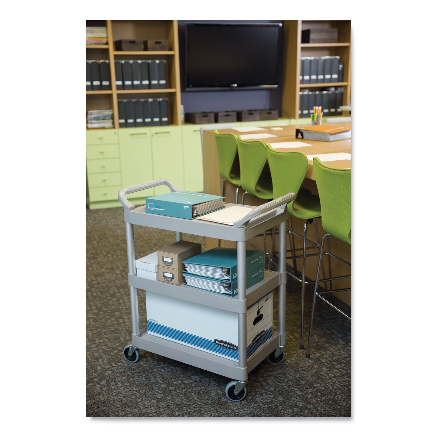 Rubbermaid Three-Shelf Service Cart, Plastic, 3 Shelves, 200 lb Capacity, 18.63" x 33.63" x 37.75", Platinum