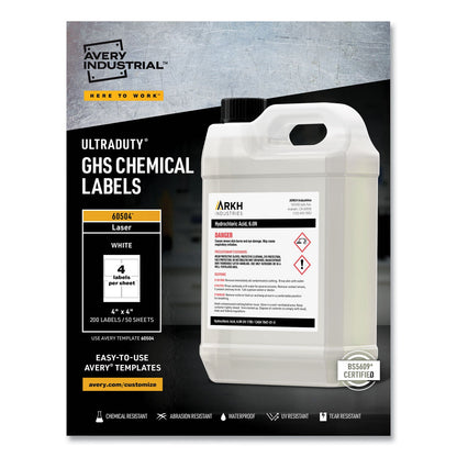 Avery UltraDuty GHS Chemical Waterproof and UV Resistant Labels, 4 x 4, White, 4/Sheet, 50 Sheets/Box