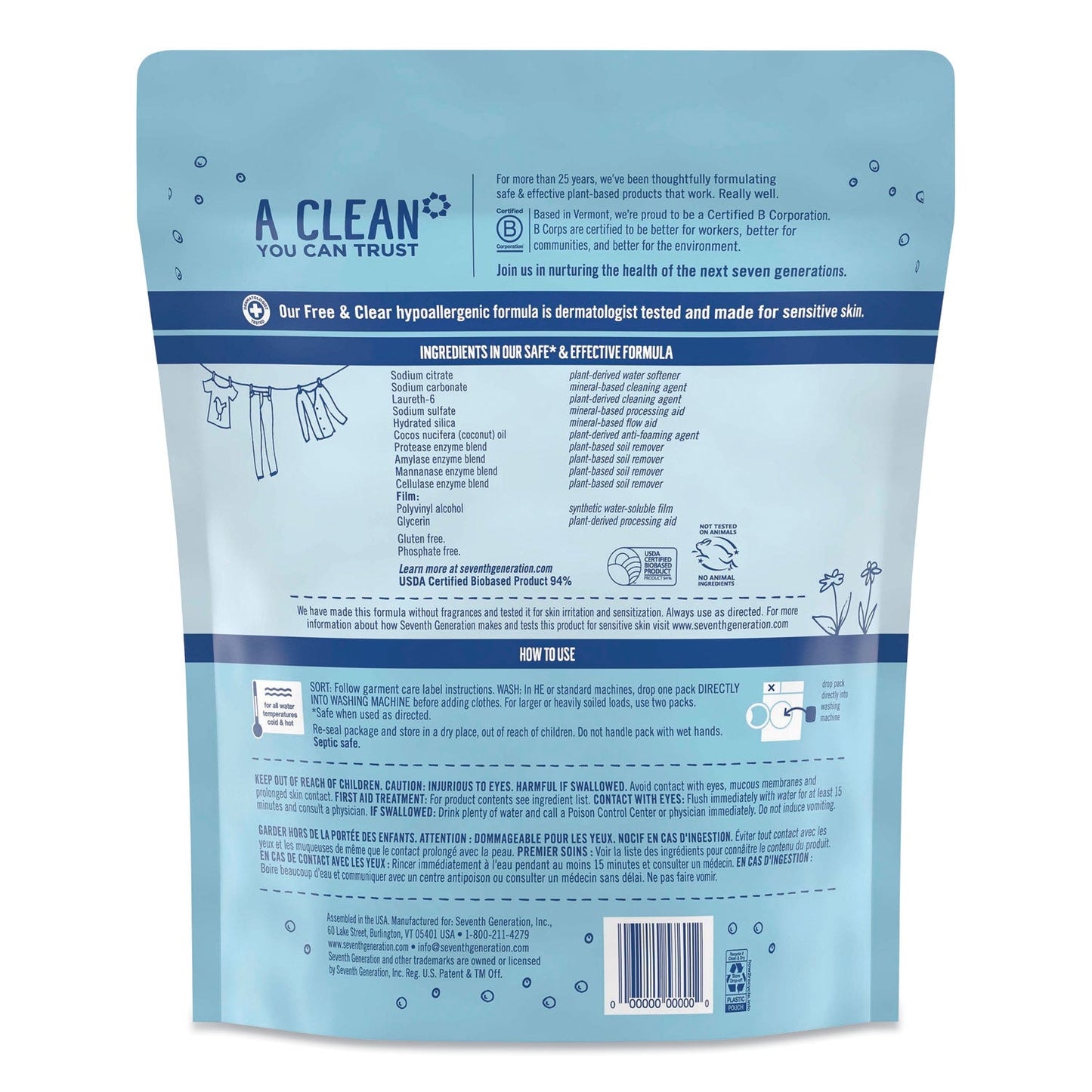 Seventh Generation Natural Laundry Detergent Packs, Powder, Unscented, 45 Packets/Pack, 8/Carton