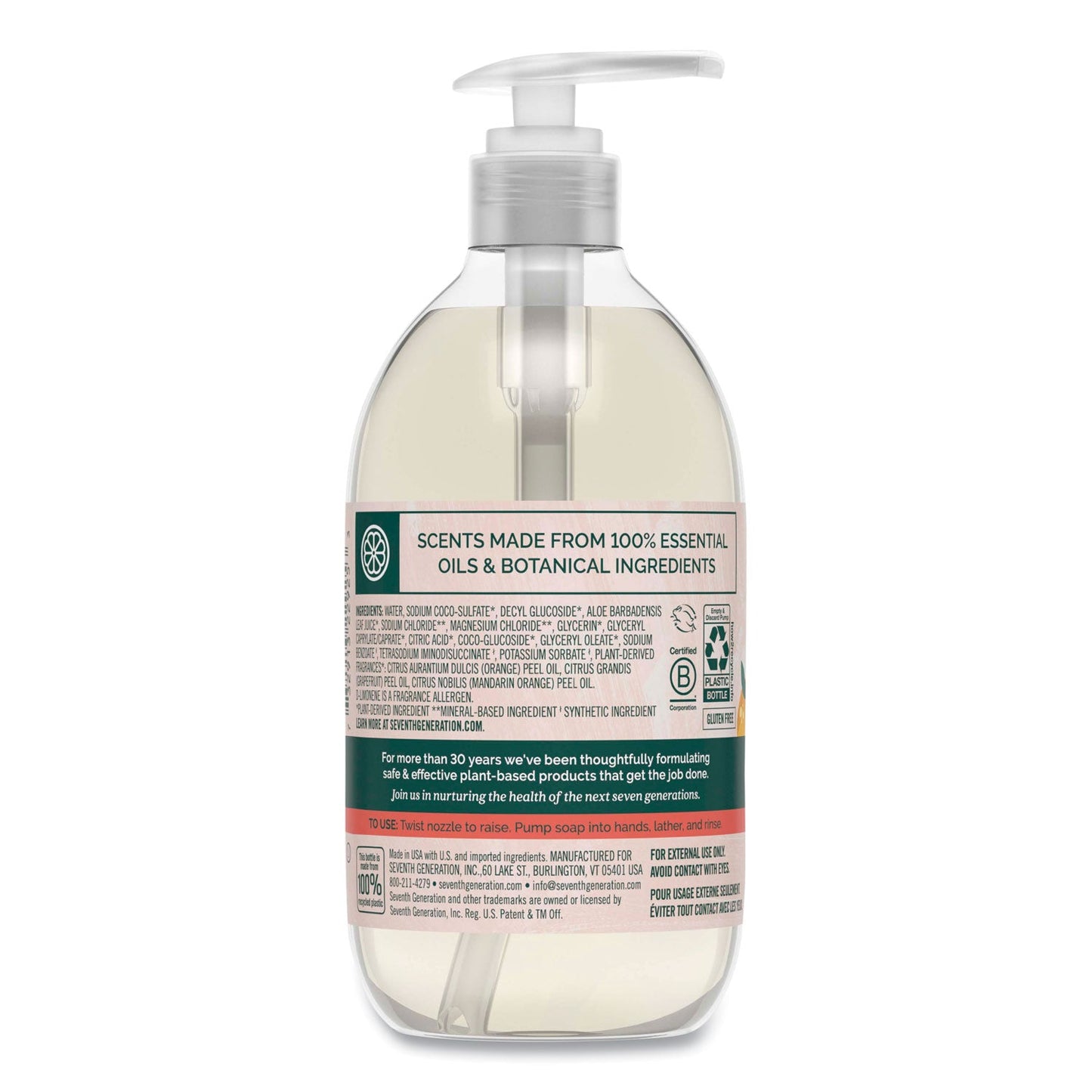 Seventh Generation Natural Hand Wash, Mandarin Orange and Grapefruit, 12 oz Pump Bottle, 8/Carton