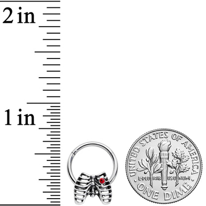 16G 3/8 Red CZ Gem Heart Skeleton Halloween Hinged Segment Ring
