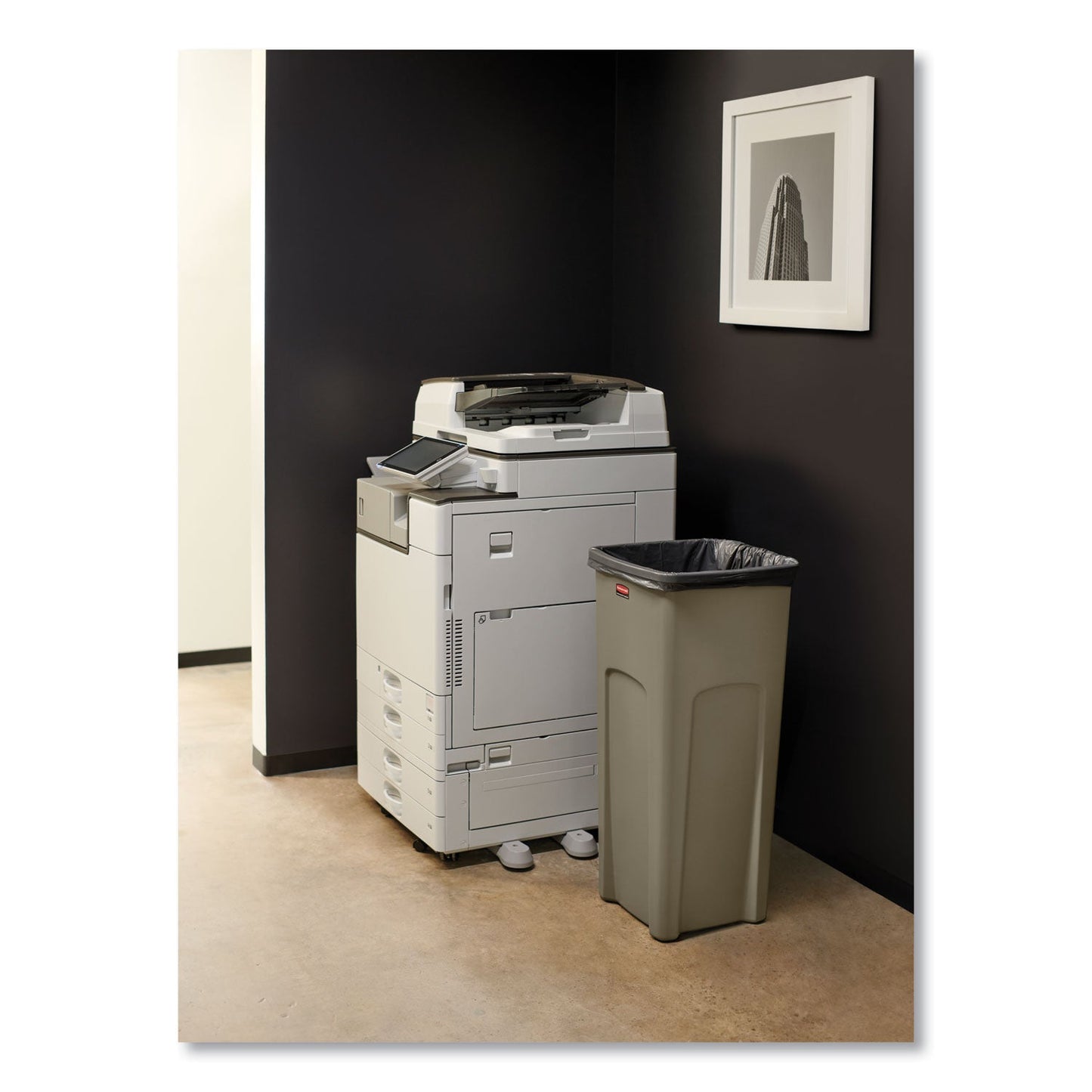Rubbermaid Untouchable Square Waste Receptacle, Plastic, 23 gal, Beige