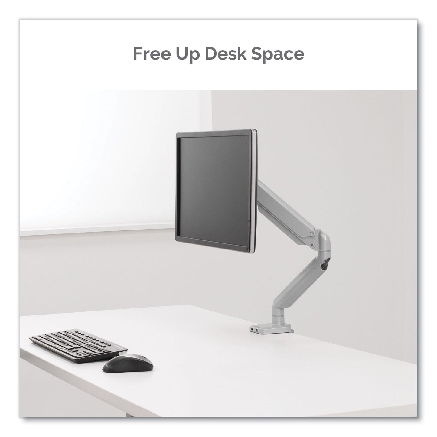 Fellowes Platinum Series Single Monitor Arm, For 27" Monitors, 360 deg Rotation, 45 deg Tilt, 180 deg Pan, Silver, Supports 20 lb