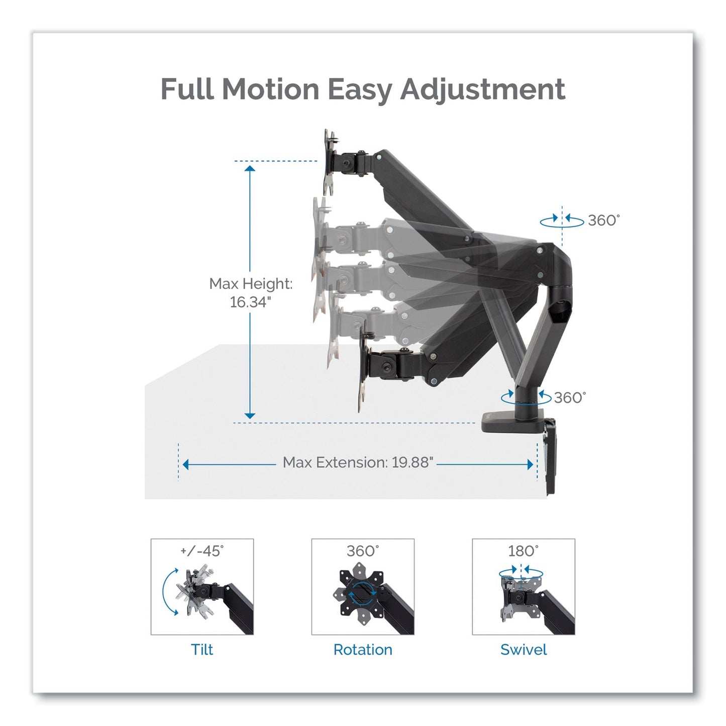 Fellowes Platinum Series Dual Monitor Arm for 27" Monitors, 360 deg Rotation, +85 deg/-20 deg Tilt, 360 deg Pan, Black, Supports 20 lb