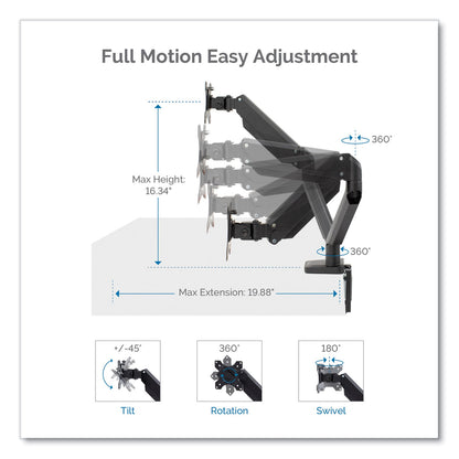 Fellowes Platinum Series Dual Monitor Arm for 27" Monitors, 360 deg Rotation, +85 deg/-20 deg Tilt, 360 deg Pan, Black, Supports 20 lb