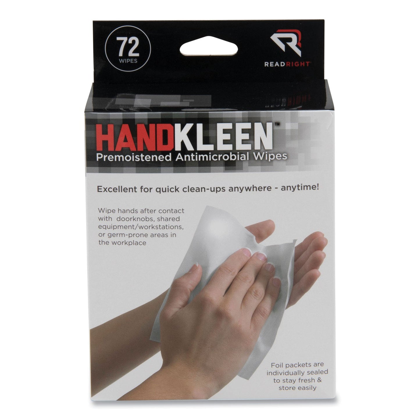 Read Right HandKleen Premoistened Antibacterial Wipes, 7 x 5, Foil Packet, 72/Box