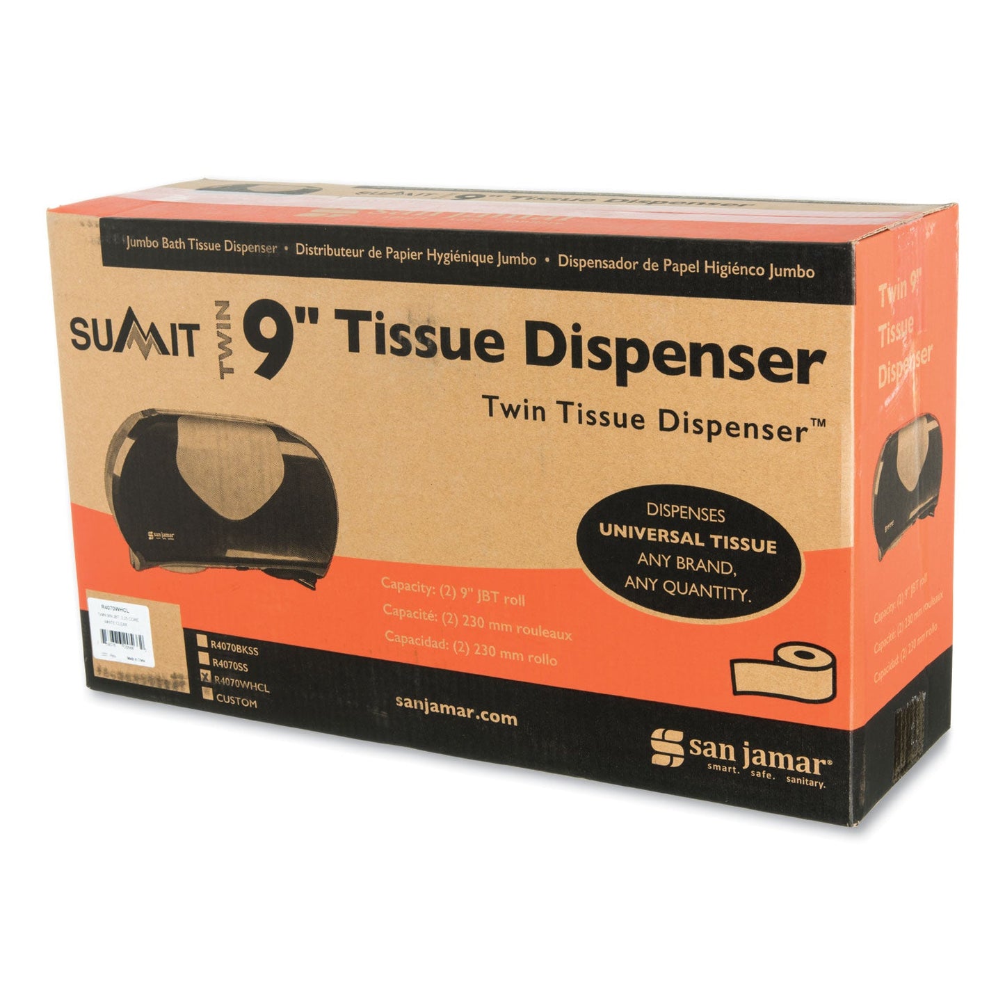 San Jamar Twin 9" Jumbo Bath Tissue Dispenser, Summit, 19.25 x 6 x 12.25, White/Clear