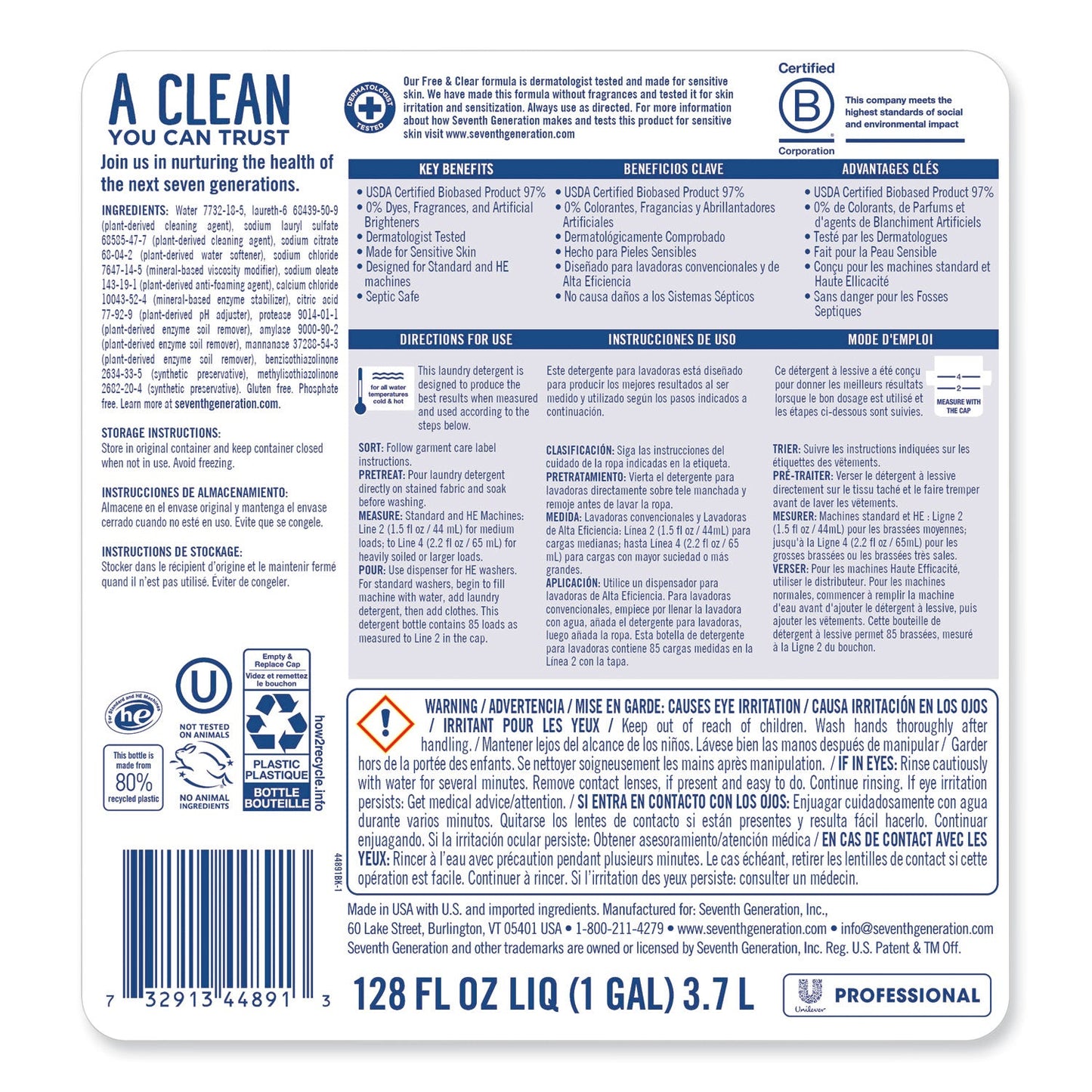 Seventh Generation Liquid Laundry Detergent, Free and Clear Scent, 1 gal Bottle, 2/Carton
