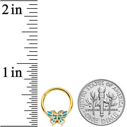 16G 3/8 Gold Tone Green Inlay Butterfly Hinged Segment Ring