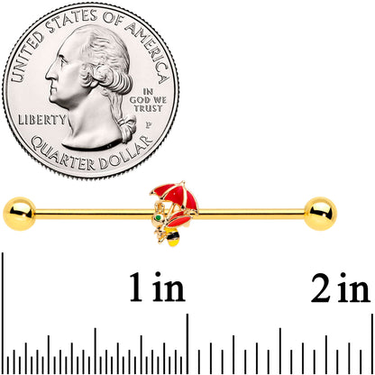 14G Gold Tone Rainy Day Umbrella Bee Industrial Barbell 38mm
