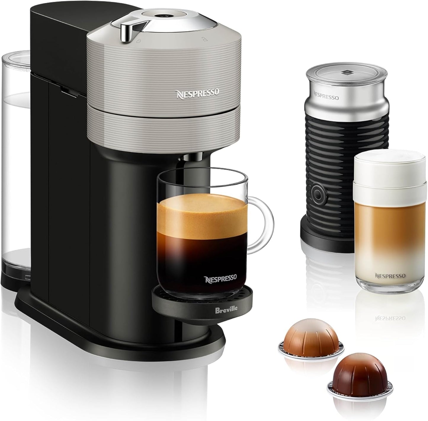 Vertuo Next Coffee and Espresso Maker by Breville, with Aeroccino Milk Frother, Light Grey