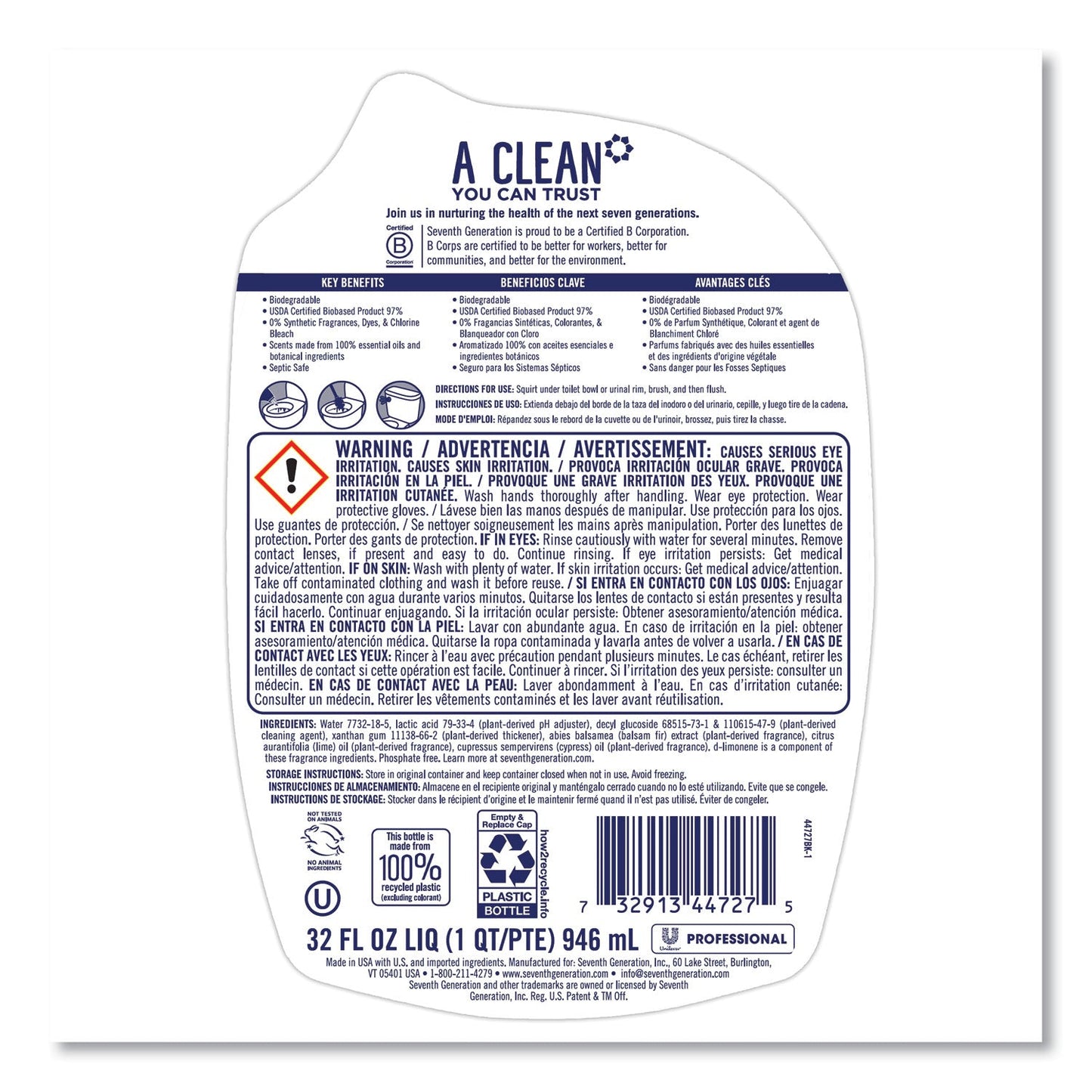 Seventh Generation Toilet Bowl Cleaner, Empre Cypress and Fir, 32 oz Bottle, 8/Carton