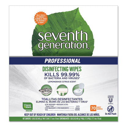 Seventh Generation Disinfecting Multi-Surface Wipes, 8 x 7, Lemongrass Citrus, 70/Canister, 6 Canisters/Carton