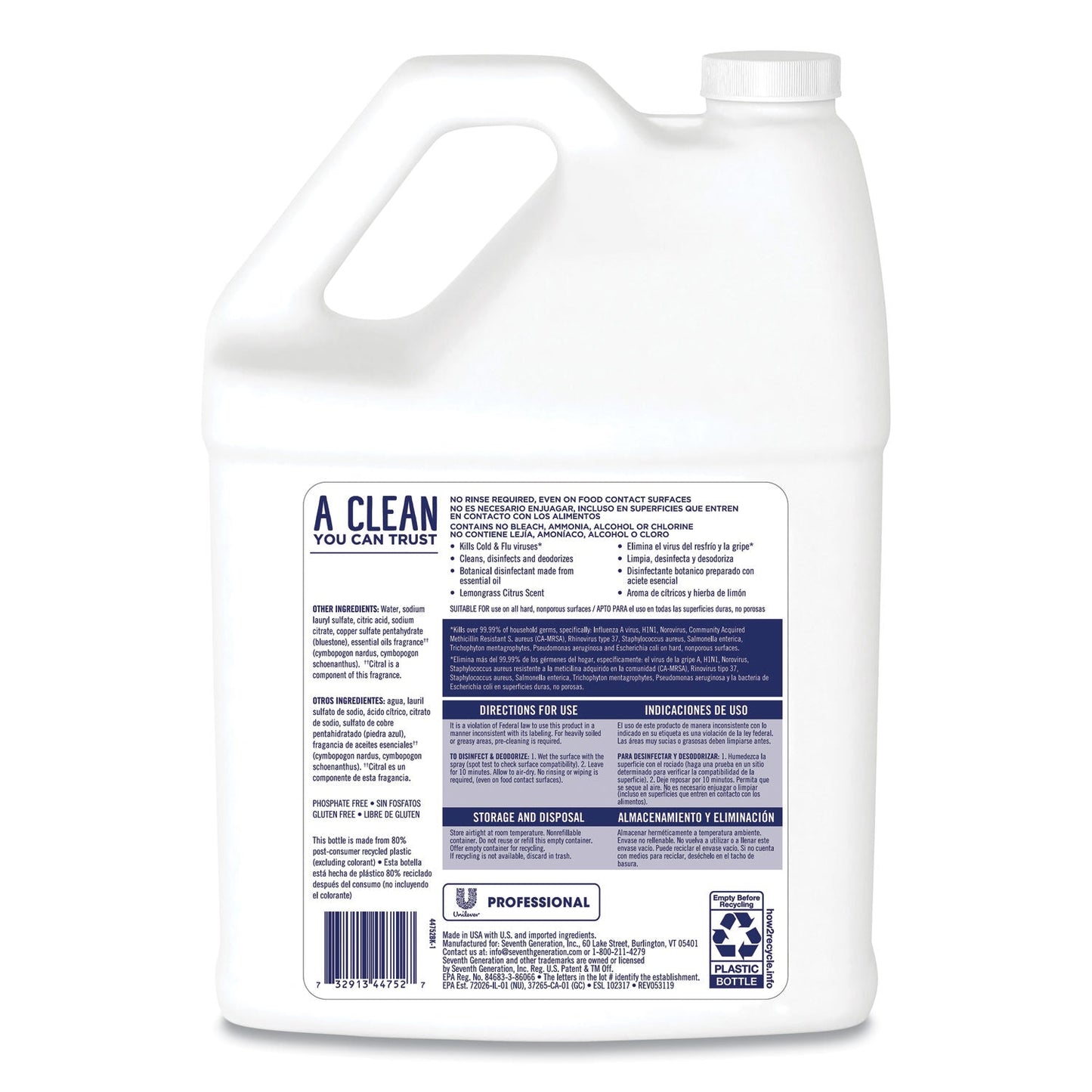 Seventh Generation Disinfecting Kitchen Cleaner, Lemongrass Citrus, 1 gal Bottle