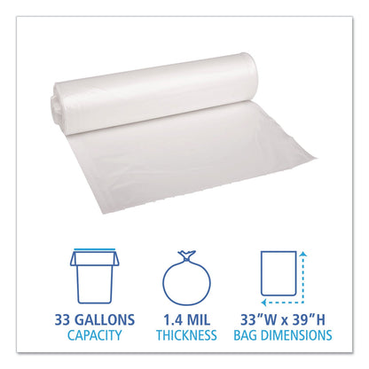 Boardwalk Low Density Repro Can Liners, 33 gal, 1.4 mil, 33" x 39", Clear, 10 Bags/Roll, 10 Rolls/Carton
