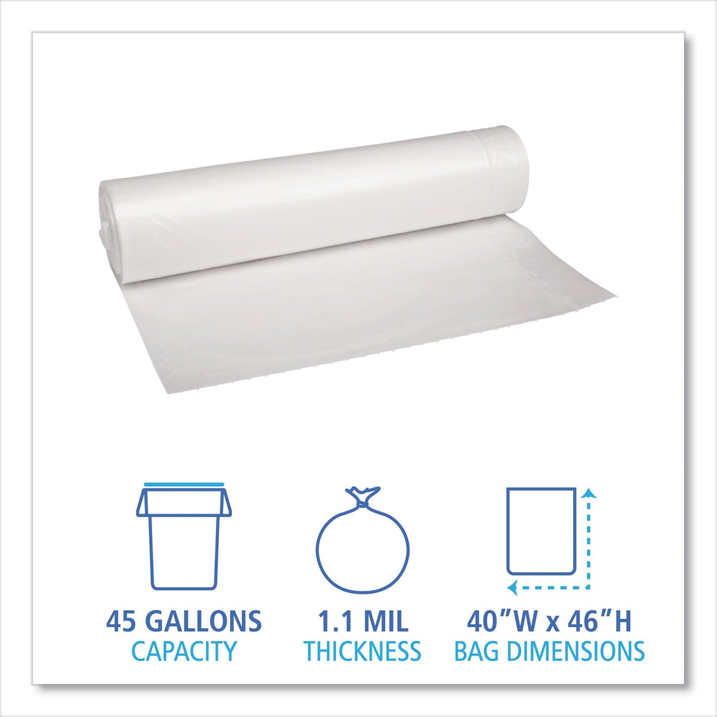 Boardwalk Low Density Repro Can Liners, 45 gal, 1.1 mil, 40" x 46", Clear, 10 Bags/Roll, 10 Rolls/Carton