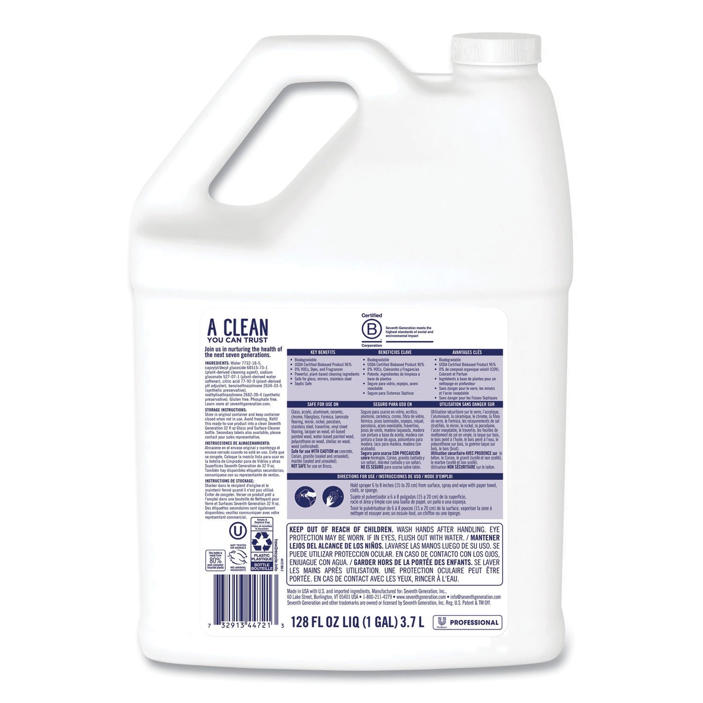 Seventh Generation Glass and Surface Cleaner, Free and Clear, 1 gal Bottle, 2/Carton
