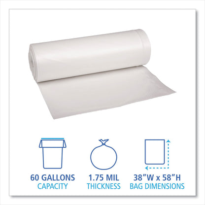 Boardwalk Low Density Repro Can Liners, 60 gal, 1.75 mil, 38" x 58", Clear, 10 Bags/Roll, 10 Rolls/Carton
