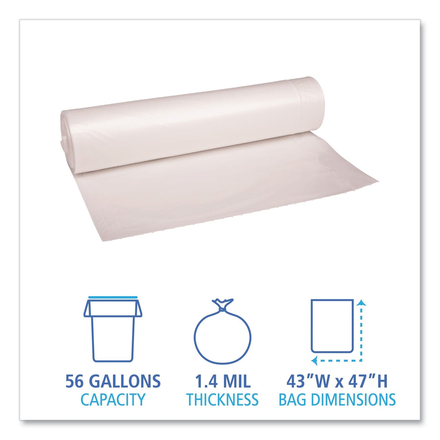 Boardwalk Low Density Repro Can Liners, 56 gal, 1.4 mil, 43" x 47", Clear, 10 Bags/Roll, 10 Rolls/Carton