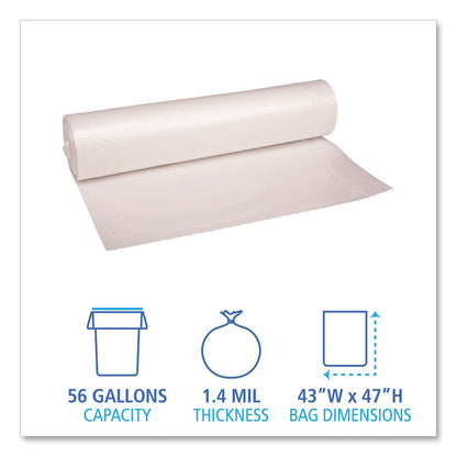 Boardwalk Low Density Repro Can Liners, 56 gal, 1.4 mil, 43" x 47", Clear, 10 Bags/Roll, 10 Rolls/Carton