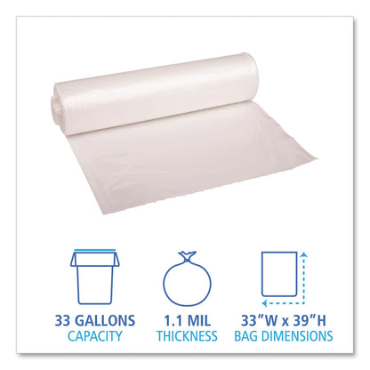 Boardwalk Low Density Repro Can Liners, 33 gal, 1.1 mil, 33" x 39", Clear, 10 Bags/Roll, 10 Rolls/Carton
