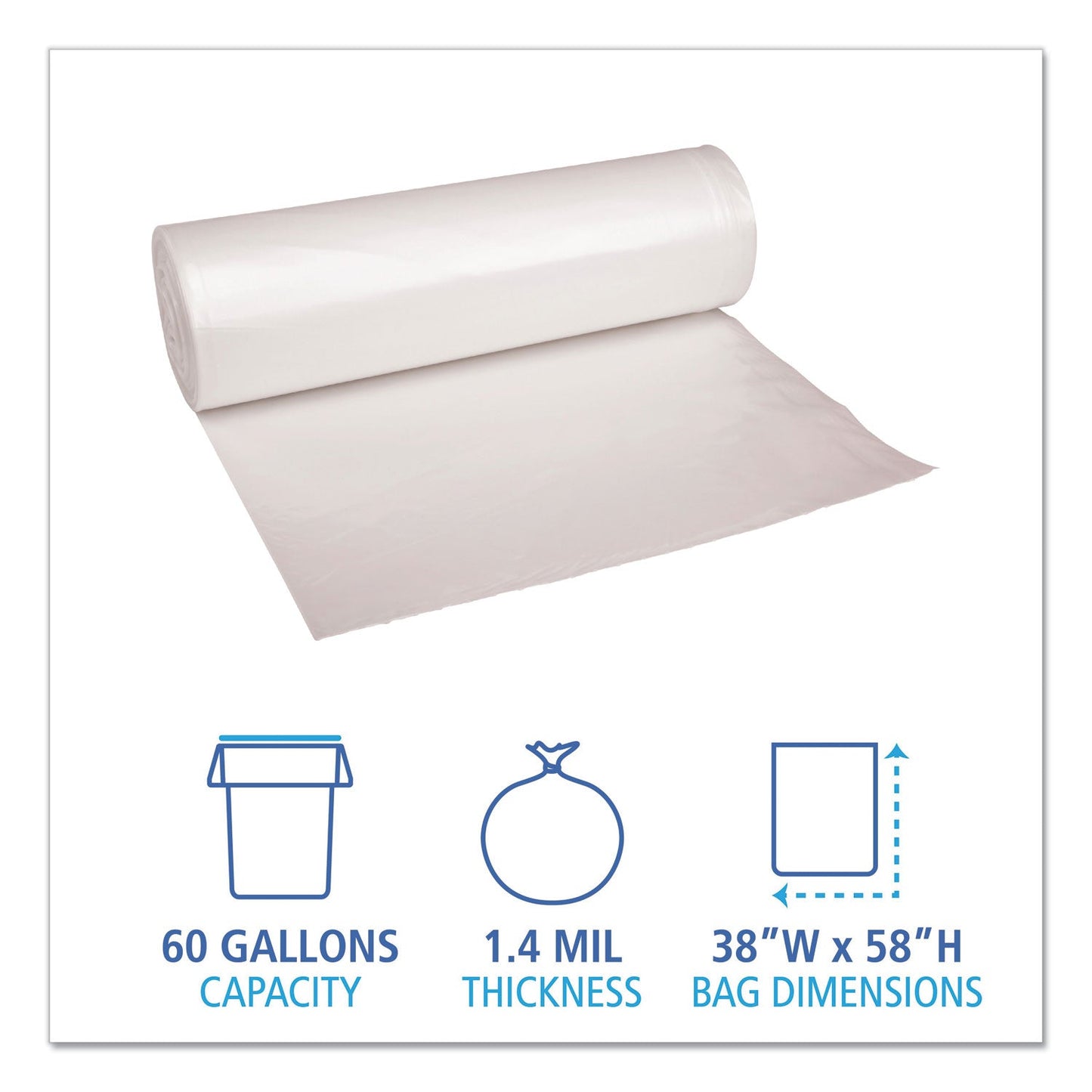 Boardwalk Low Density Repro Can Liners, 60 gal, 1.4 mil, 38" x 58", Clear, 10 Bags/Roll, 10 Rolls/Carton
