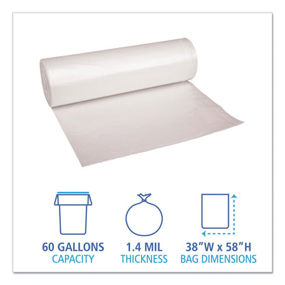 Boardwalk Low Density Repro Can Liners, 60 gal, 1.4 mil, 38" x 58", Clear, 10 Bags/Roll, 10 Rolls/Carton