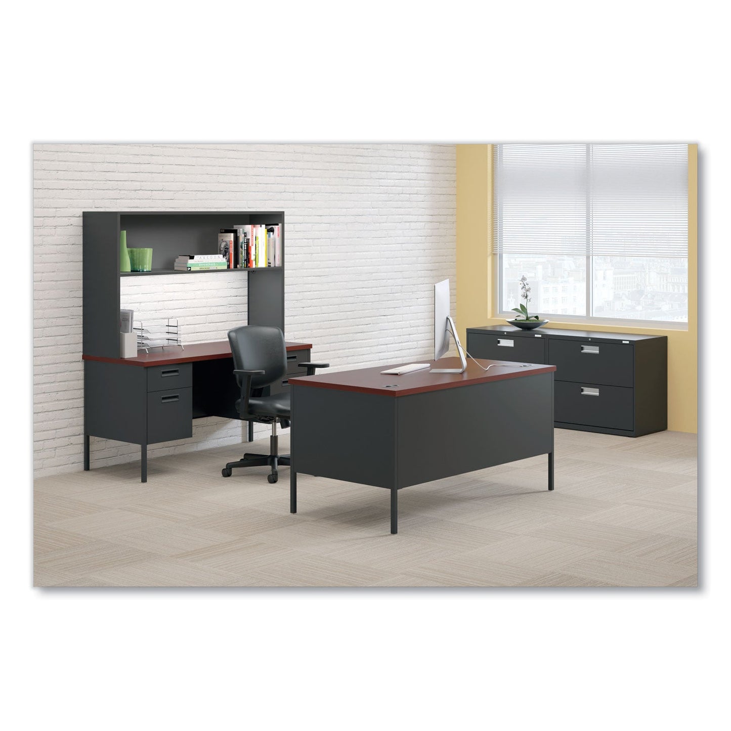 HON Metro Classic Series Double Pedestal Desk, Flush Panel, 60" x 30" x 29.5", Mahogany/Charcoal