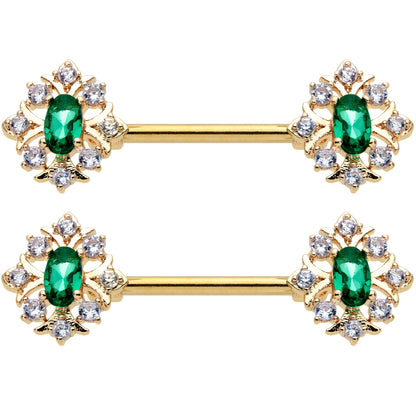 14G 1/2 Clear Green Gem Gold Hue Art Deco Barbell Nipple Ring Set