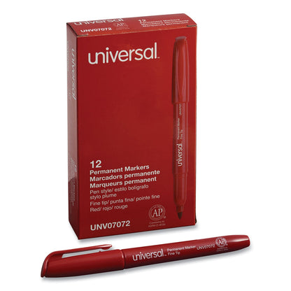 Universal Pen-Style Permanent Marker, Fine Bullet Tip, Red, Dozen