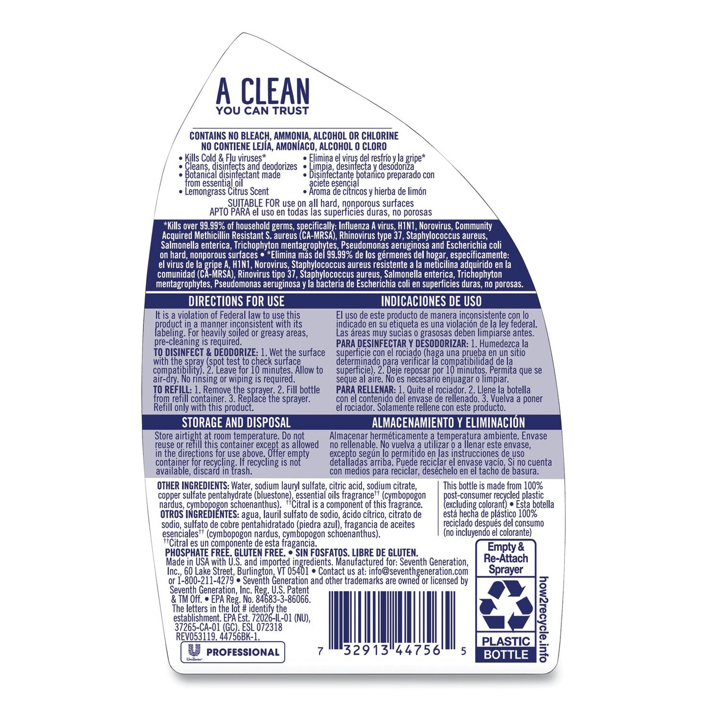 Seventh Generation Disinfecting Bathroom Cleaner, Lemongrass Citrus, 32 oz Spray Bottle, 8/Carton